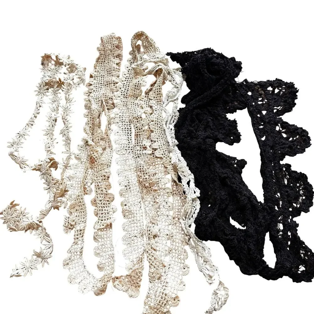 Vintage hand crochet lace remnants including beige & black 1+ yard each as found